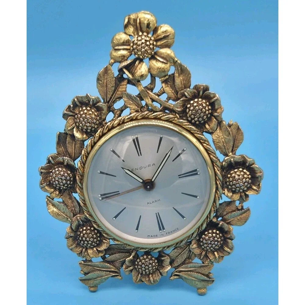 Vintage Endura Desk Clock Gold Tone Floral Frame Made in France​SEE DESCRIPTION